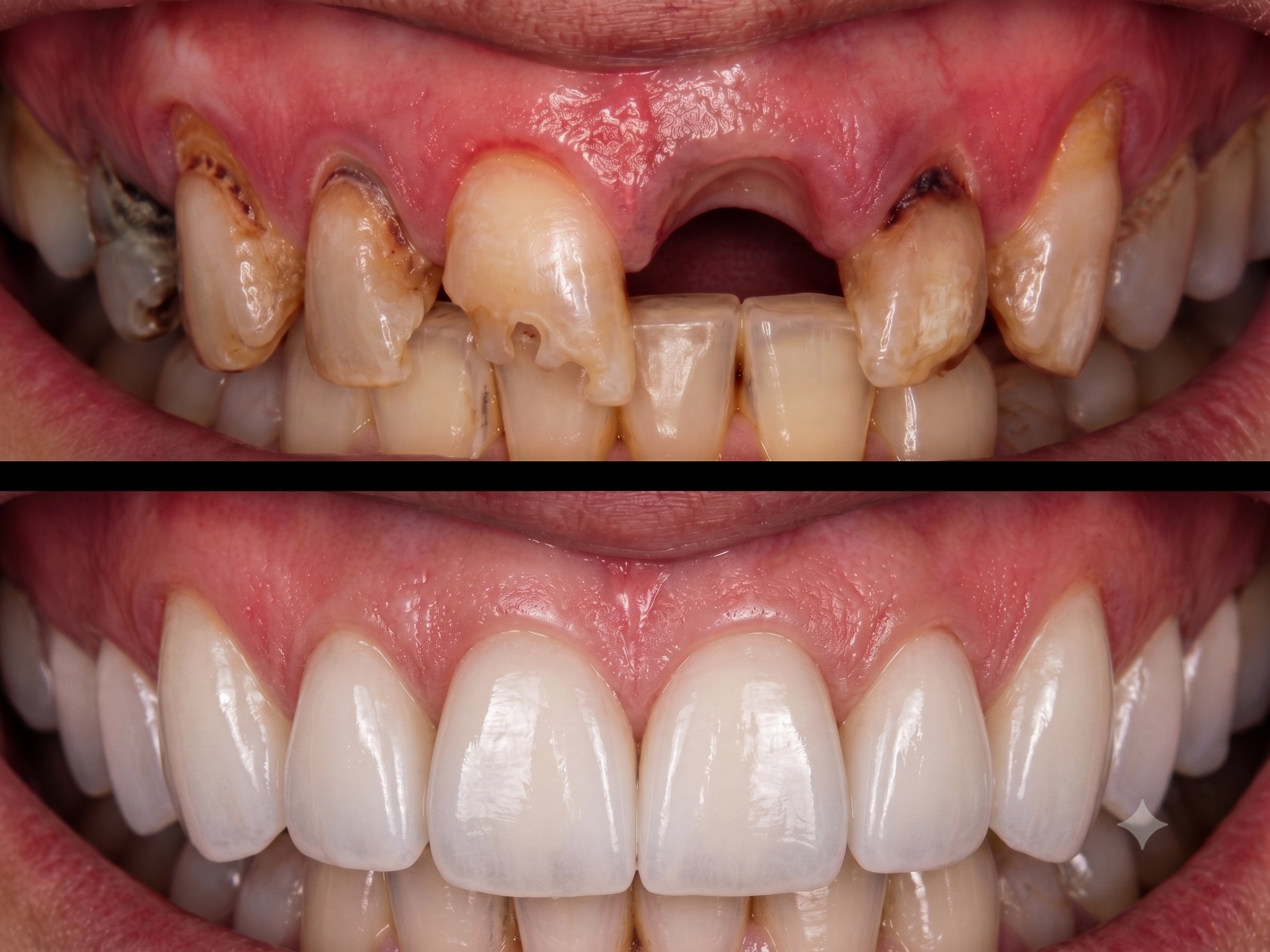 Before and after: tooth number 9 replaced with single dental implant and porcelain crown